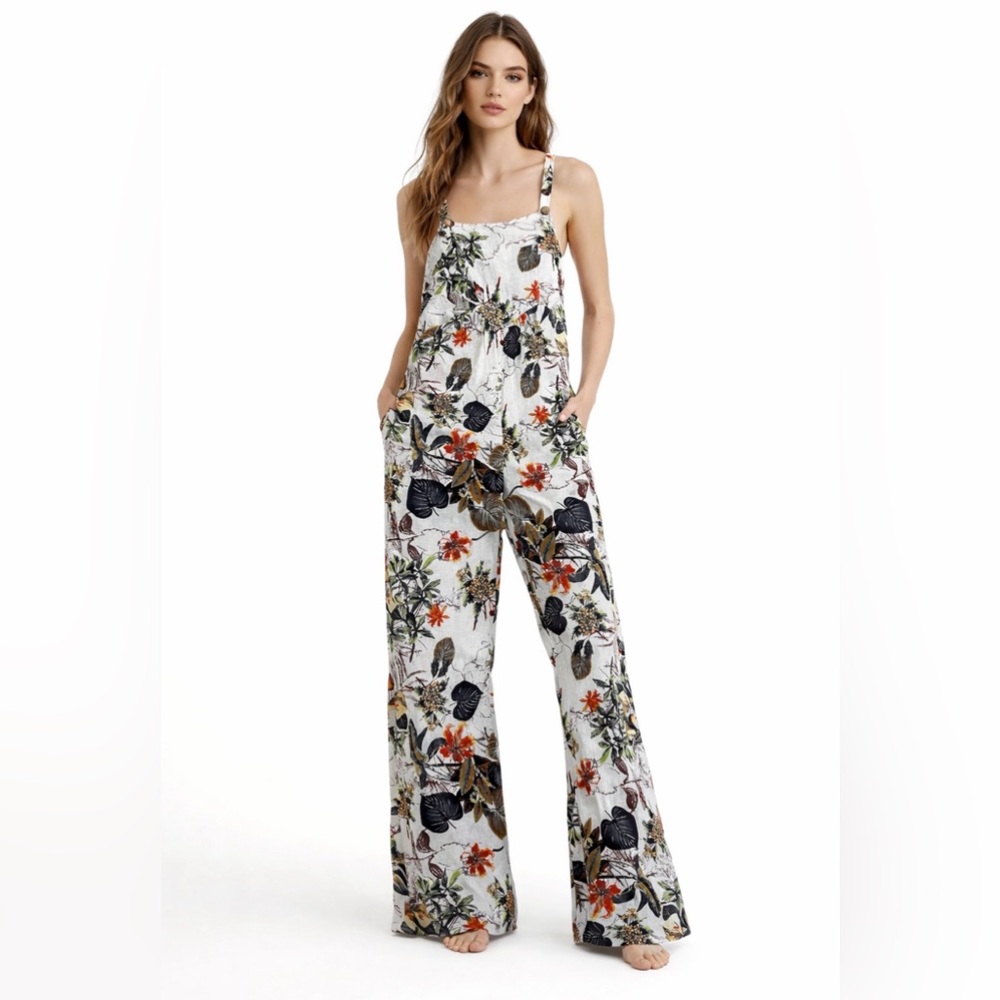 Floral Leaf Print Wide Leg Jumpsuit Cotton Blend Adjustable Pockets Women's XL
